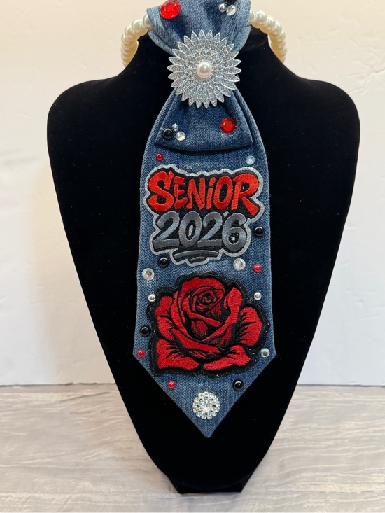 Jewelry - Handcrafted Denim 'Senior 2026' Tie Necklace with Red Rose Embroidery